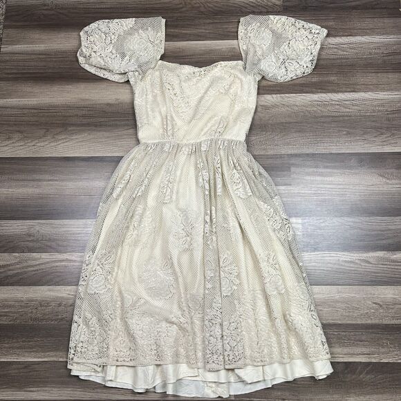VTG 60’s Lilli Diamond Lace Off The Shoulder Boho Balloon Sleeves Dress Sz M? - Picture 1 of 9